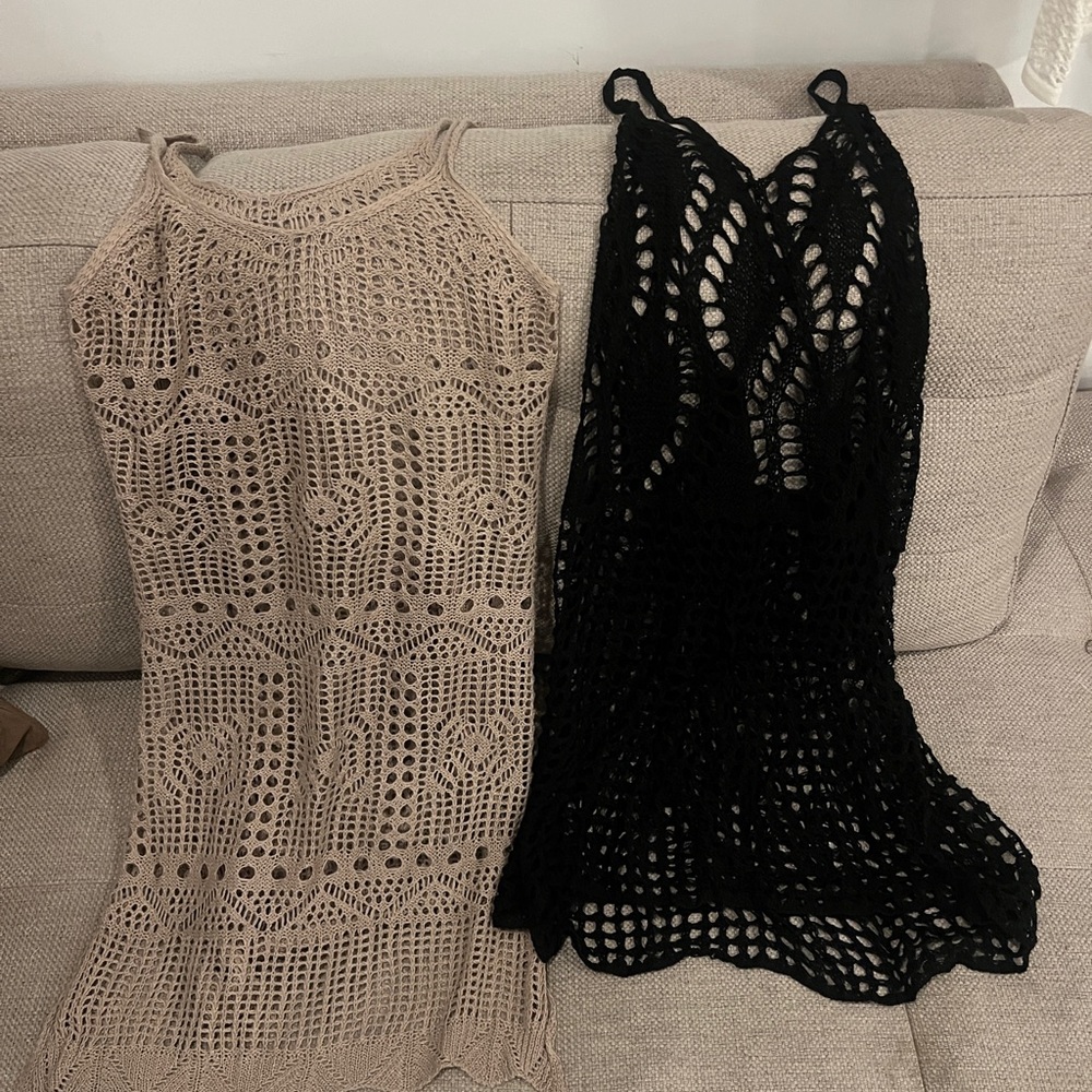 Elegant Crochet Swim Cover-Up Dress - Black and Tan